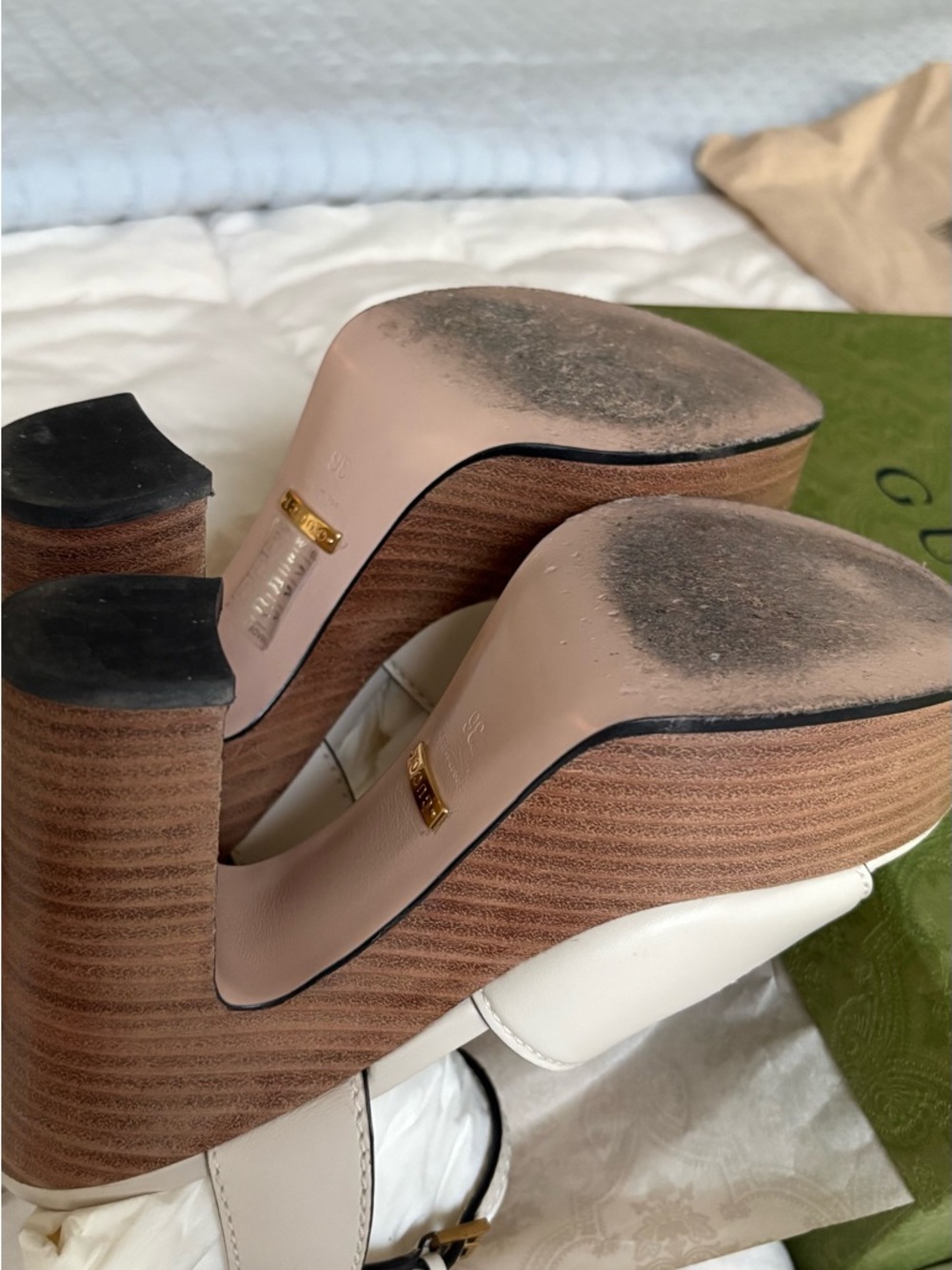 Gucci Cream Leather Platform Sandals with Wood-Effect Heel - Picture 8 of 15